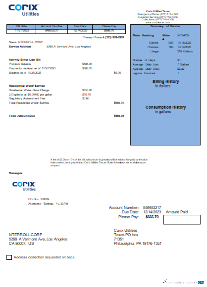 Download Corix Utilities business bill, SCR Photoshop template